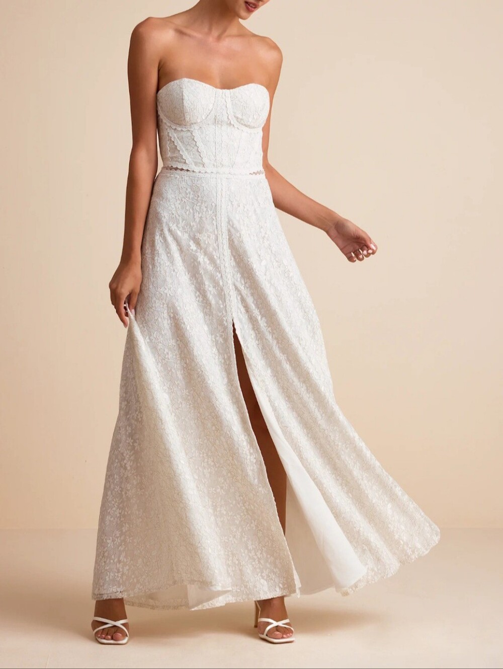 Lulu's Ivory Strapless Lace Maxi Dress with Front Slit